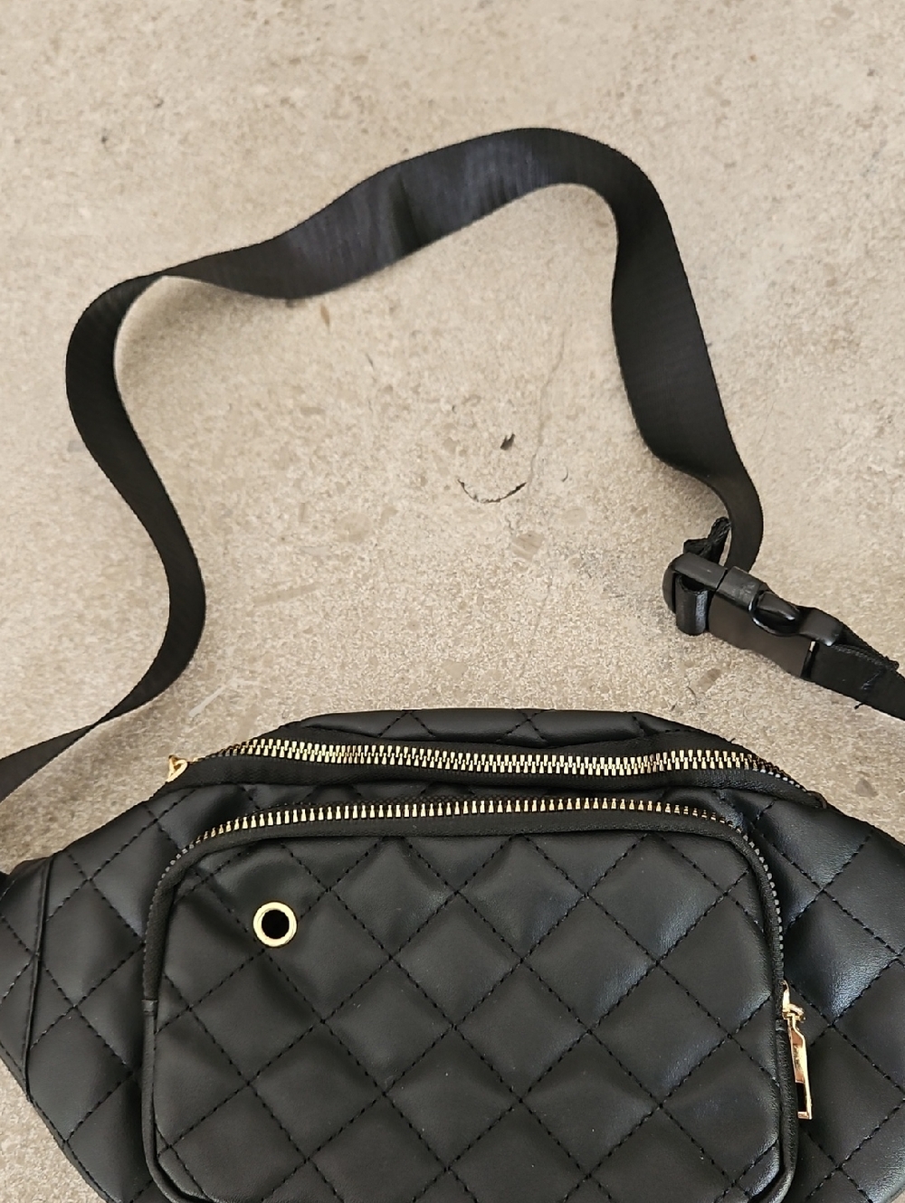 Black Quilted Crossbody Belt Bag with Gold Hardware